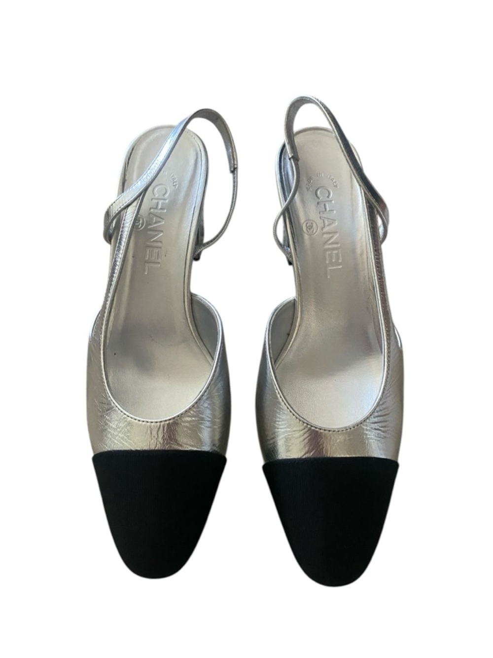 CHANEL Rare Silver Slingback Heels Cap Toe 39 Iconic Pumps Worn 3x - Picture 15 of 16